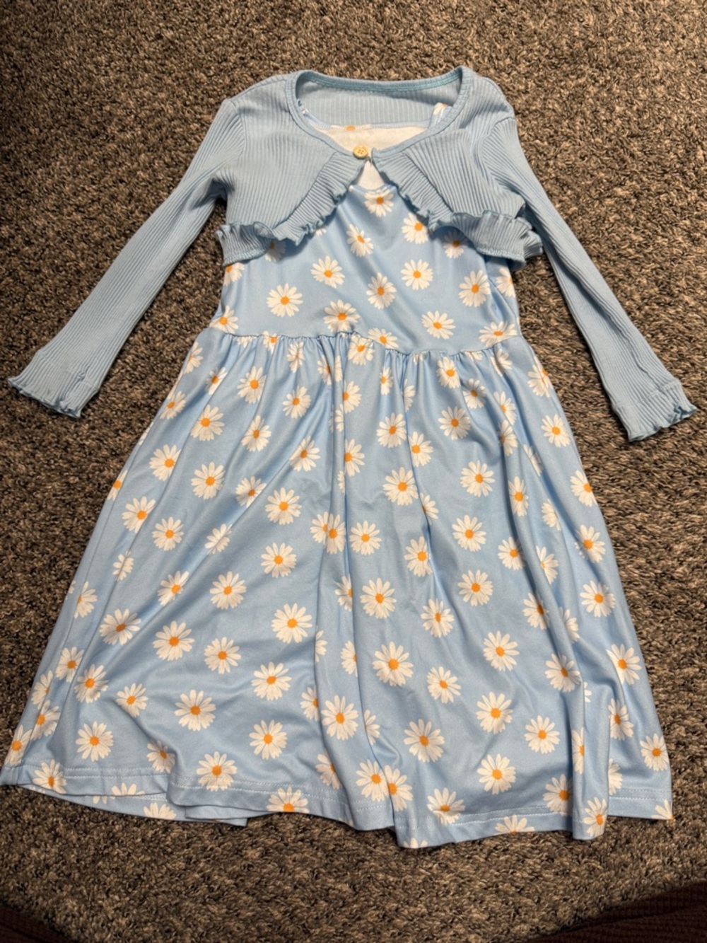 Girls' Light Blue Daisy Print Dress with Cardigan